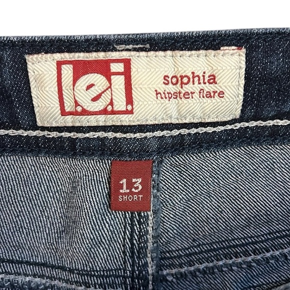 Y2K LEI Sophia Hipster Flare Jean Blue Embroidery Whispered Flap Pockets 13S/29L - Picture 7 of 13